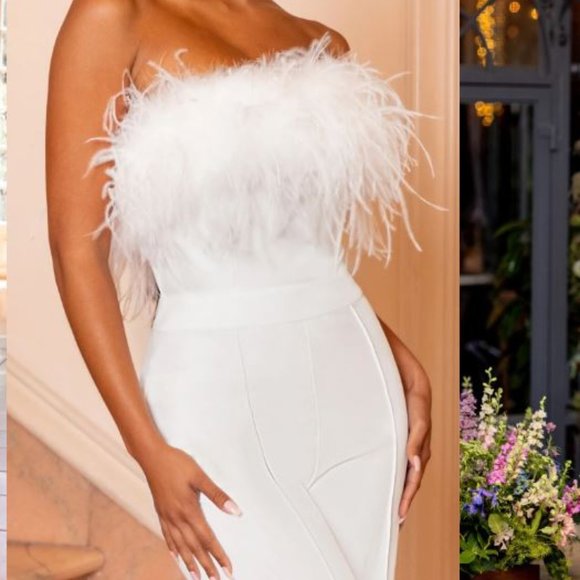 WHITE BANDEAU FEATHER WIDE LEG JUMPSUIT wedding bachelorette bride bridal shower - Picture 3 of 5